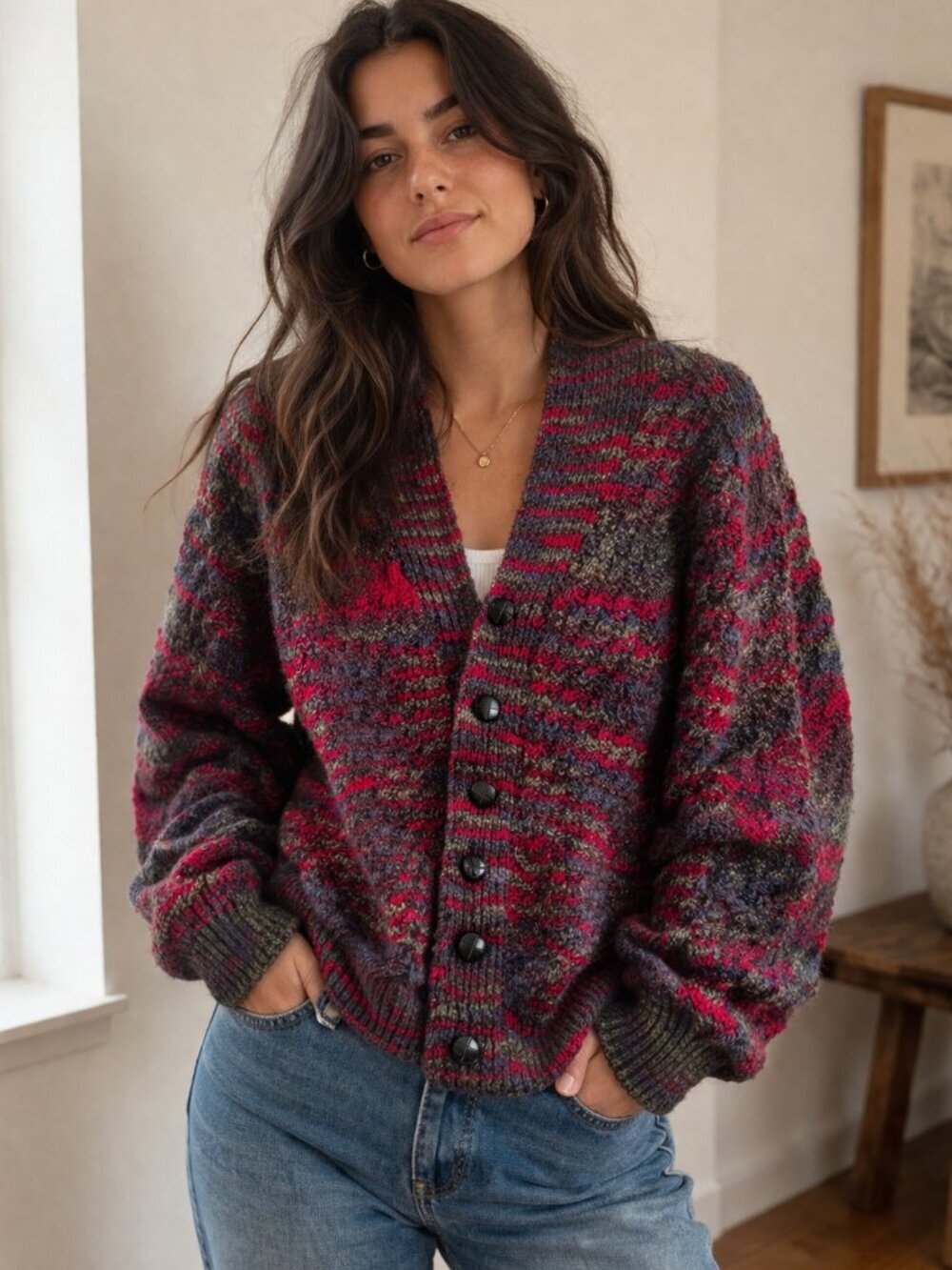 Vintage Handmade Wool Blend Multicolor Grandpa Collar Sweater XL